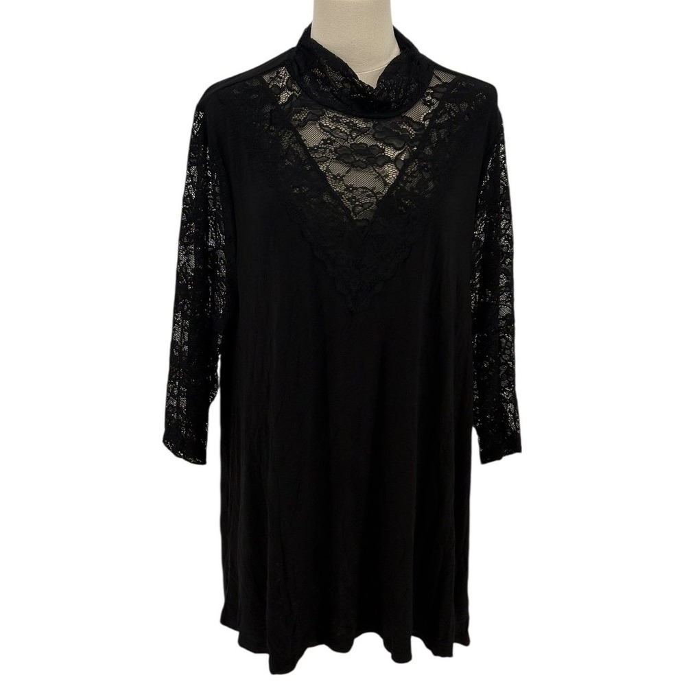 Torrid Super Soft Knits Black Lace Trim Mock Neck 3/4 Sleeve Tunic Top